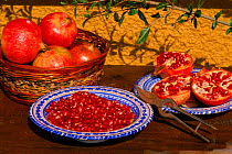 Pomegranate fruit prepared for meal {Punica granatum} Alicante, Spain