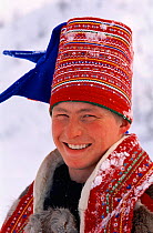 Portrait of Jonna Utsi, Saami man in traditional costume, Easter, Kautokeino, Norway