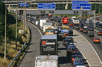 Heavy traffic on M25 motorway during July, summer season, Kent, UK
