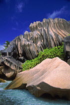 Granite formations at Grande Anse, rocks eroded by water, La Digue, Seychelles