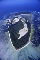 Aerial view of island texture, showing island surrounded by coral reef, Seychelles, Indian Ocean