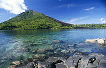 Ganung Api, Active volcano with basalt pillars in foreground, Banda Neira, Moluccas, Indonesia.