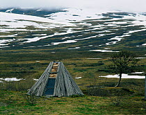 Small traditional hut used by Laplander people when the herdsmen are out with their caribou livestock, Stekkenjokk, Sweden