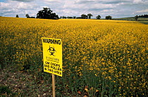 Biohazard warning sign placed by genetically modified (GM) oil seed rape test crop Model Farm, Watlington, Oxfordshire, UK 1999