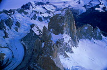 Aerial view of snow capped mountains, Lago Argentina, Argentina