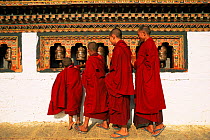 Four young Buddhist monks turning prayer wheels, Dzongchung temple, Punakha dzong, Bhutan. 2001