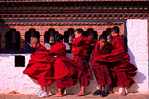 Monks turning prayer wheels, Punakha festival, Bhutan.