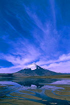 Lake Chungara, highest lake in the world at 4,500m, and snow-capped Parinacota volcano, altiplano, Lauca National Park, Chile.