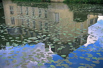 Chateau reflected in moat with water lilies at Malicorne, France.