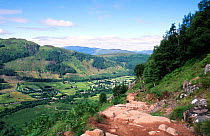 Valley landscape from Ben Nevis trail path, Highlands, Scotland.