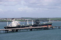 Oil tanker unloading at Milford Haven, Pembrokeshire, Wales, UK.