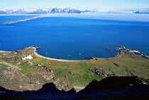View across Bellsund Fjord, looking down from highland, Bellsund, Svalbard, Norway