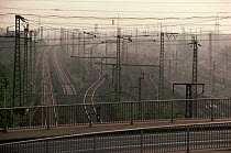 Ruhr Valley with roads, railway tracks and overhead pylons, Germany