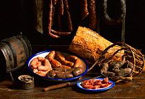 Assortment of traditional pork sausages made from local meat, Alicante, Spain