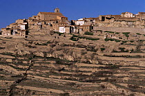 Castellfort village above ancient terracing. Castellon, Spain