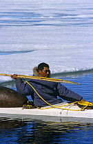 Inuit hunter in kayak preparing to throw harpoon, with seal skin float behind, Canadian Arctic
