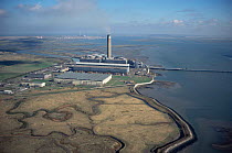 Aerial view of Kingsnorth coal fired power station and Hoo flats, Medway estuary, Kent, UK