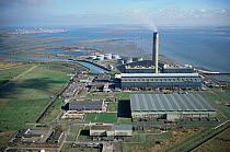 Aerial view of Kingsnorth coal fired power station, Medway estuary, Kent, UK