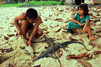 Filipino migrant settler skinning Monitor lizard {Varanus} Palawan, Philippines