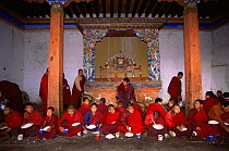 Buddhist monks having breakfast, Ganty Gompa Monastery, Phobjika Valley, Central Bhutan 2001