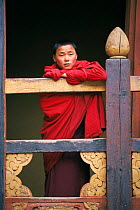 Buddhist monk in Jakar Dzong courtyard, Jakar, Bumthang, Central Bhutan 2001