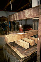 Wooden press for paper made from {Daphne} tree fibres, Jungshi factory, Thimphu, Bhutan 2001