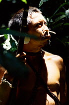 Matis hunter with facial decorations to mimic jaguar, Javari valley, Amazonia Brazil