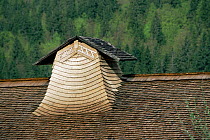 Traditional roof and chimney of farmhouse made from wood of Spruce tree, 'Travaillons', Haut Jura, France