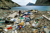 Plastic rubbish washed up on beach, Cala Vall de Boquer, Majorca, Balearic Islands, Mediterranean