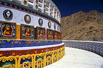 Shanti stupa, a Buddhist Peace Pagoda in Leh, with the Kangri Mountain range in the background. Ladakh, North India