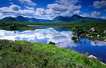 View towards mountains across Lochan na l-Achlaise Rannoch Moor, Scottish Highlands