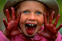 Child with red stained hands and tongue after eating blueberries, Sweden.
