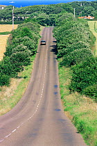 Car travelling along country road, Northumberland, UK