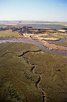 Aerial view of salt marsh and boating yard, Morston, Norfolk, UK