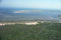 Aerial view of salt marsh and Blakeney point. Norfolk, UK
