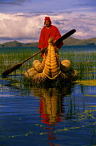 Traditiona Totora reed boat & Aymara, Lake Titicaca, Bolivia / Peru, South America