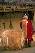 Alpaca {Lama pacos} with Aymara indian man  Altiplano, Bolivia