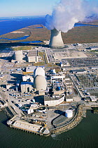 Aerial view of Salem nuclear power plant built on saltmarsh, Delaware Bay, New Jersey, USA