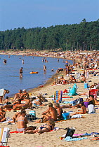 Holiday makers on crowded beach at Vottern Lake, Sweden