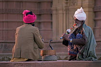 Snake charmers playing to raise Cobra from the basket, Gujarat, India