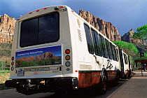 Gas powered shuttle bus operating in Zion NP, Arizona, USA