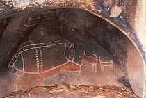 Aboriginal rock painting of ancestral spirit with dogs, Bunjils shelter, Grampians NP, Victoria, Australia