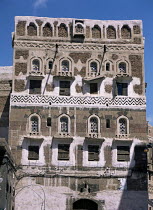 Face of house in old walled city of Sana'a, Yemen