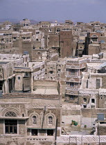 Looking across buildings in old walled city of Sana'a, Yemen