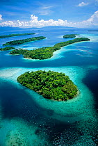Aerial view of islands with fringing coral reefs, New Georgia, Solomon Islands, Pacific Ocean