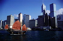 Hong Kong harbour and ocean front with traditional boat or junk Kowloon, Hong Kong, China
