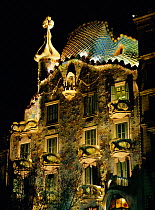 Casa Battlo facade floodlit Barcelona, Spain. Designed by Gaudi