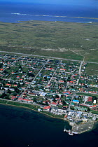 Aerial view of Stanley, port and established town, Falkland Islands, 1998