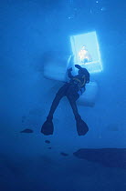 Research diver under hole cut in ice. Signy island, Antarctica. Model released.