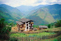 Farmhouse overlooking valley, Chorten Ningpo, Bhutan